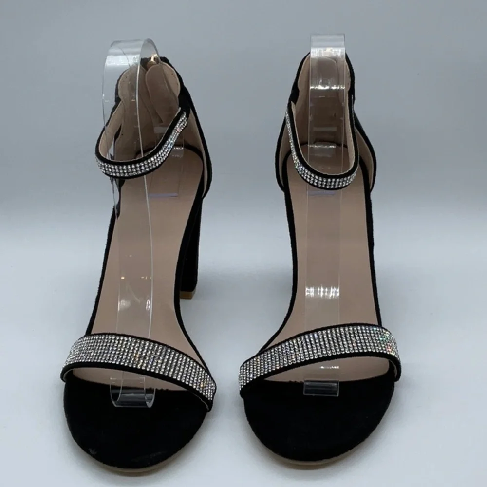 Black Faux suede heels with sparkle detail ankle strap back gold zipper closure